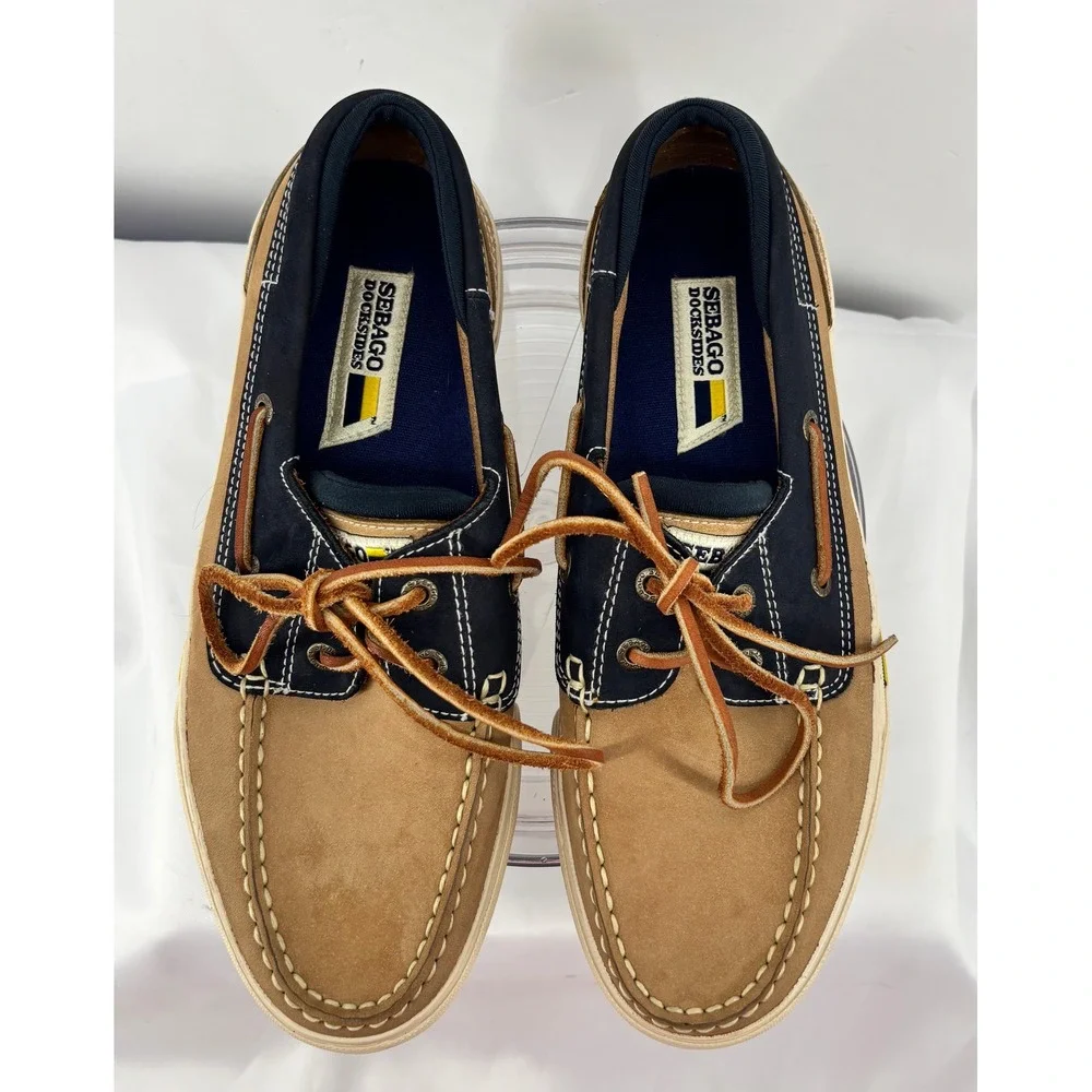 Sebago Docksides Boat Shoes Men's Size 8M Tan Navy Suede Leather Moc Toe Lace Up